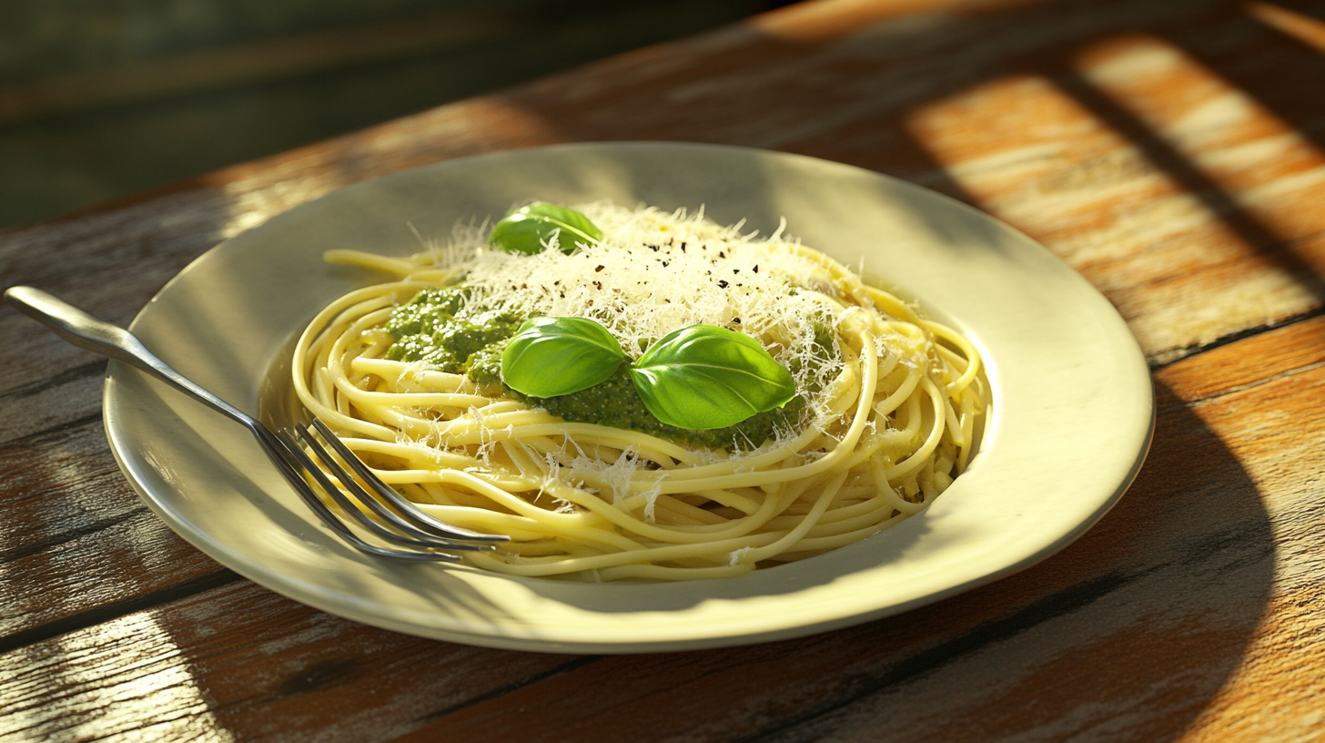 Prato de macarrão ao molho pesto