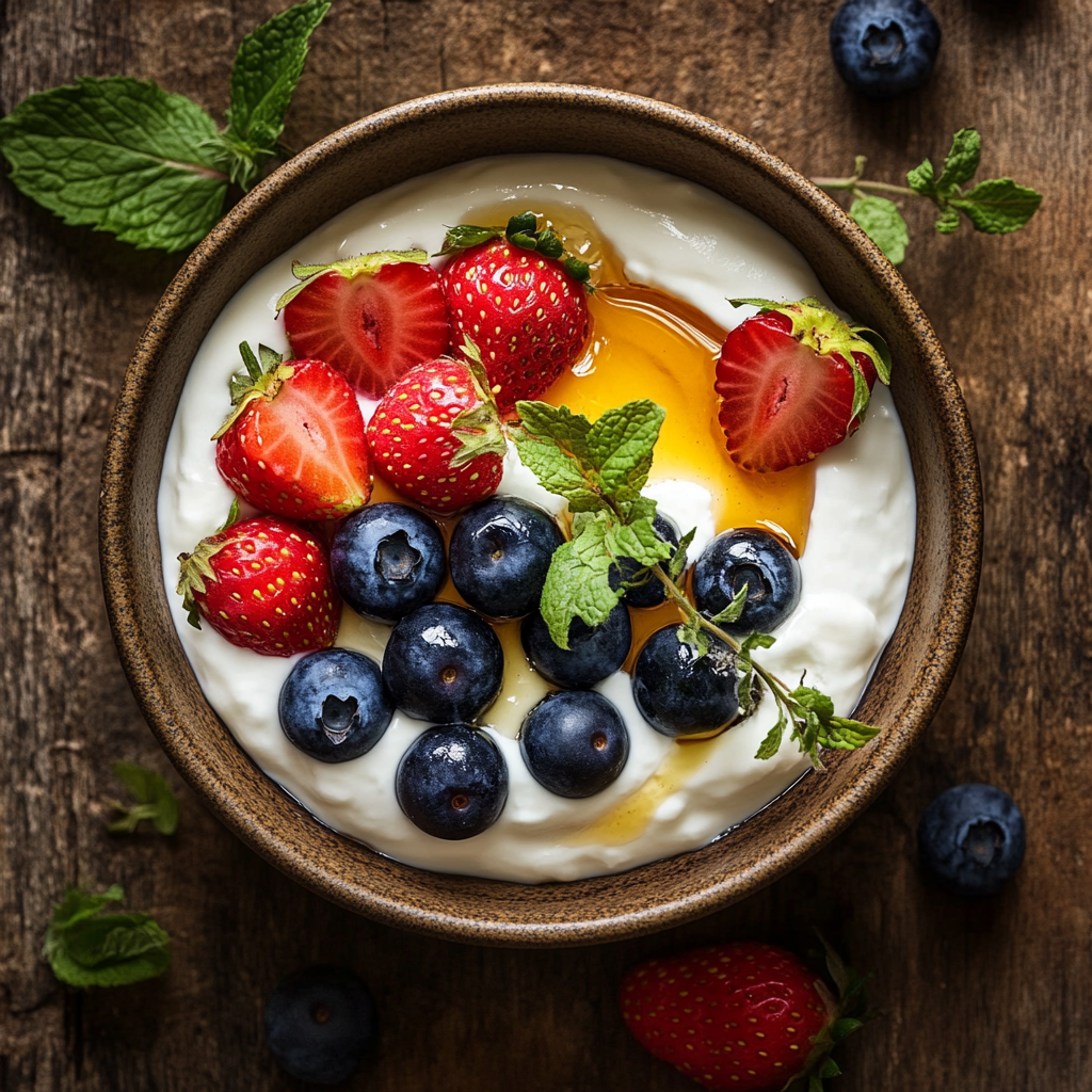 Iogurte grego caseiro servido com frutas e granola