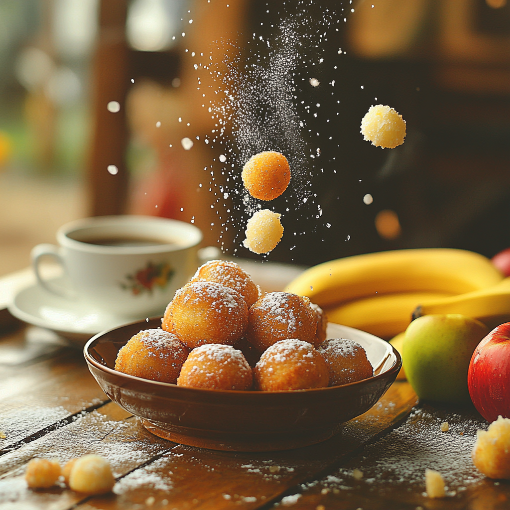 Bolinhos de chuva acabados e prontos para serem polvilhados com açúcar e canela