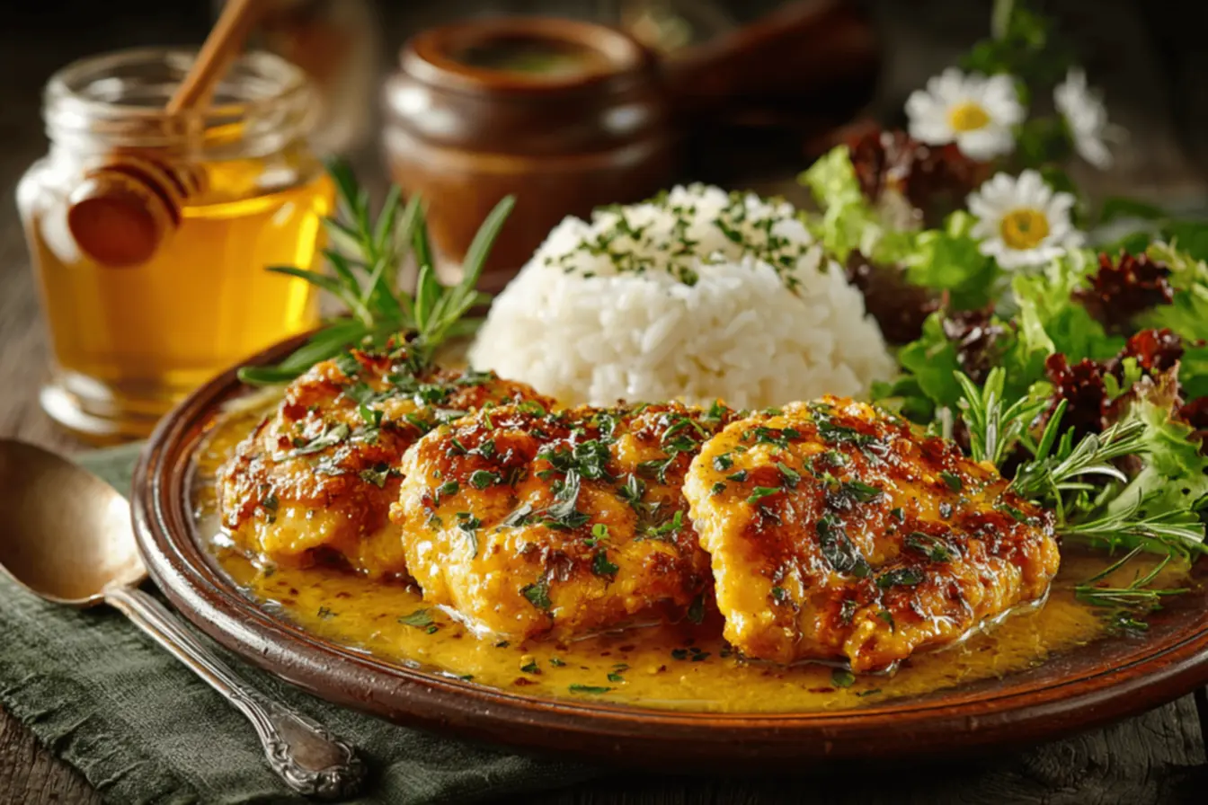 Frango ao Mel e Mostarda pronto para ser servido.