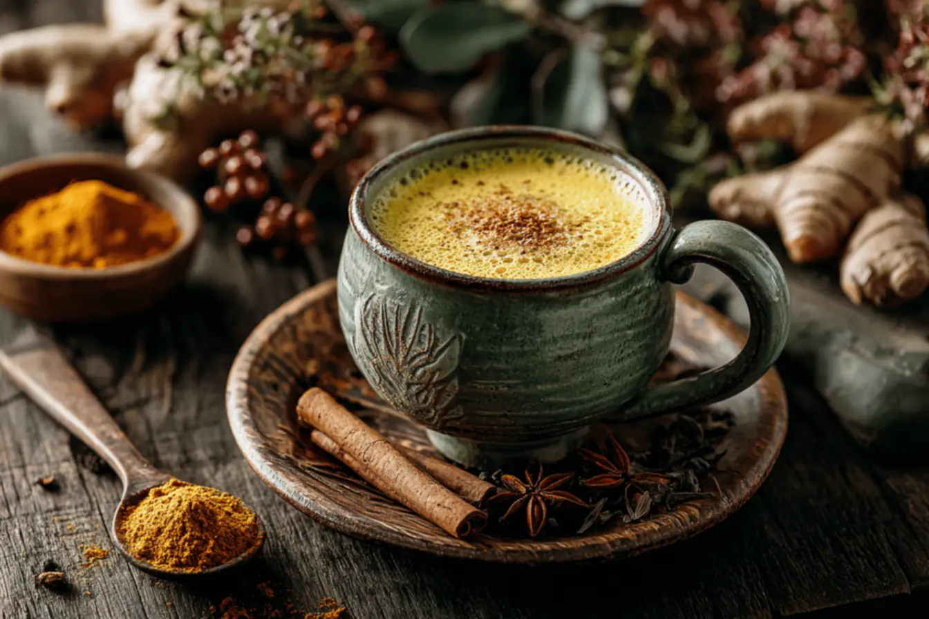 Copo de leite dourado fresco em uma mesa rústica