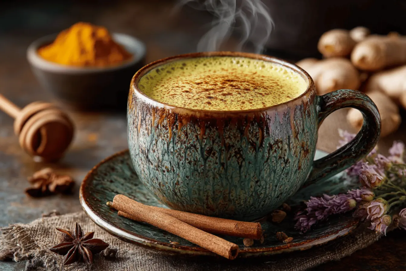 Cúrcuma fresca sendo fatiada ao lado de um copo de leite dourado