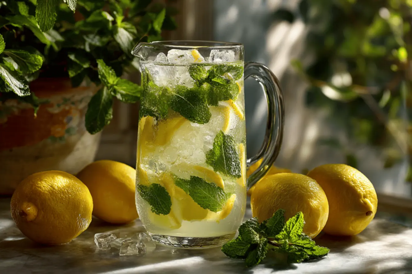Bebida refrescante de limão com hortelã